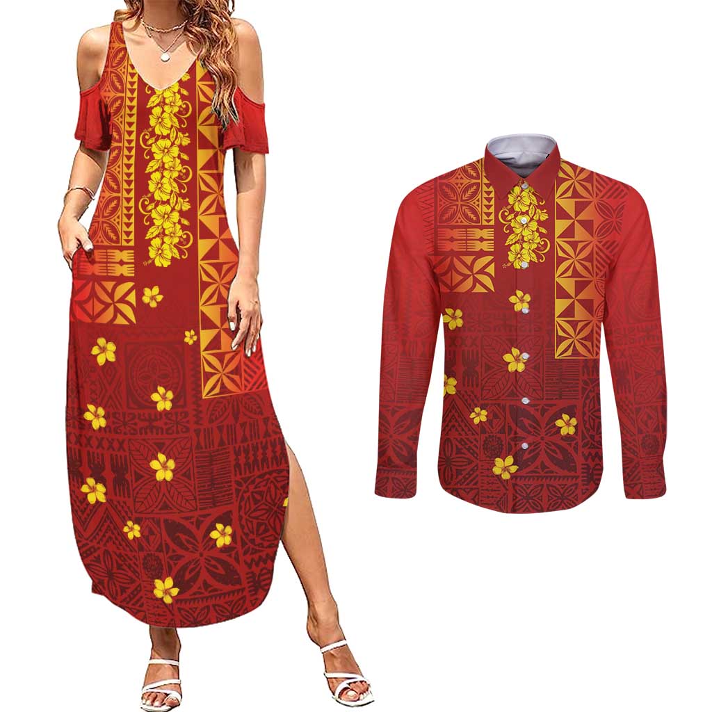 Samoa Tapa Pacific Tribal Pattern Couples Matching Summer Maxi Dress and Long Sleeve Button Shirt Hibiscus and Plumeria