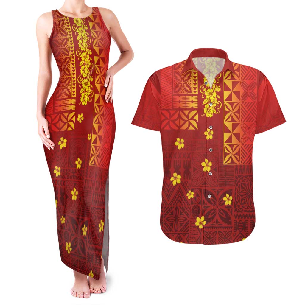 Samoa Tapa Pacific Tribal Pattern Couples Matching Tank Maxi Dress and Hawaiian Shirt Hibiscus and Plumeria