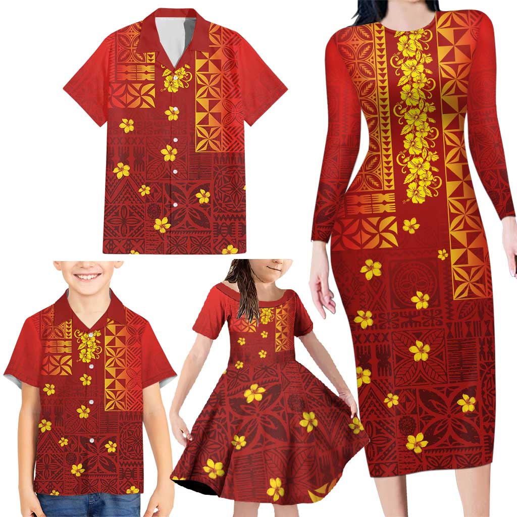 Samoa Tapa Pacific Tribal Pattern Family Matching Long Sleeve Bodycon Dress and Hawaiian Shirt Hibiscus and Plumeria