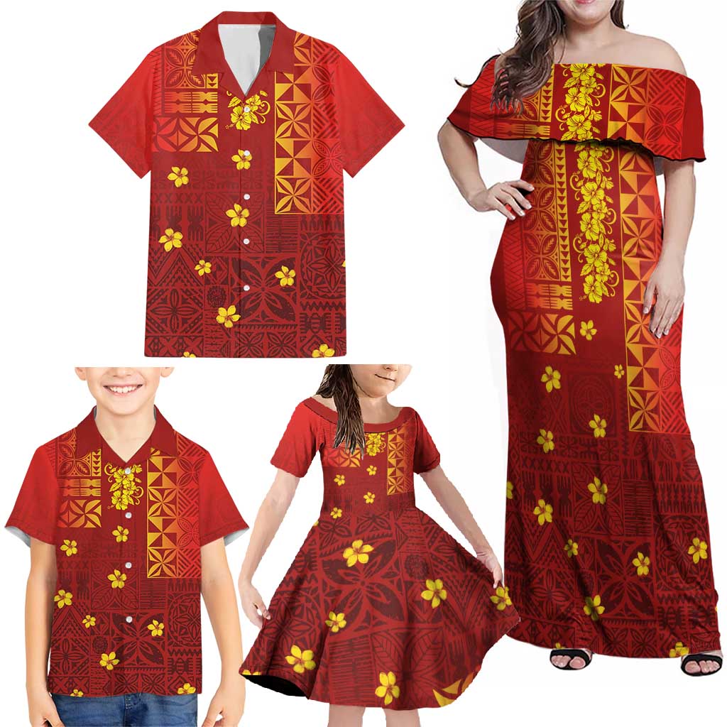 Samoa Tapa Pacific Tribal Pattern Family Matching Off Shoulder Maxi Dress and Hawaiian Shirt Hibiscus and Plumeria