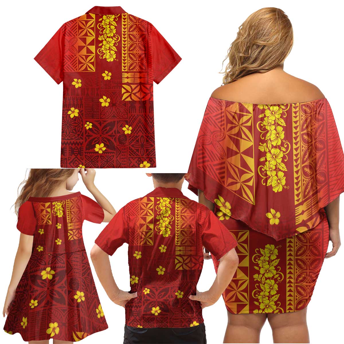 Samoa Tapa Pacific Tribal Pattern Family Matching Off Shoulder Short Dress and Hawaiian Shirt Hibiscus and Plumeria