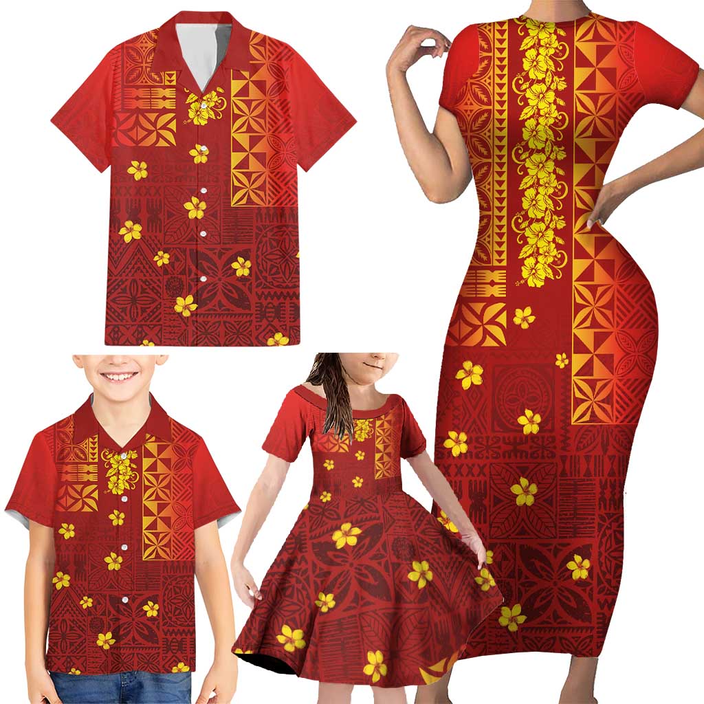 Samoa Tapa Pacific Tribal Pattern Family Matching Short Sleeve Bodycon Dress and Hawaiian Shirt Hibiscus and Plumeria