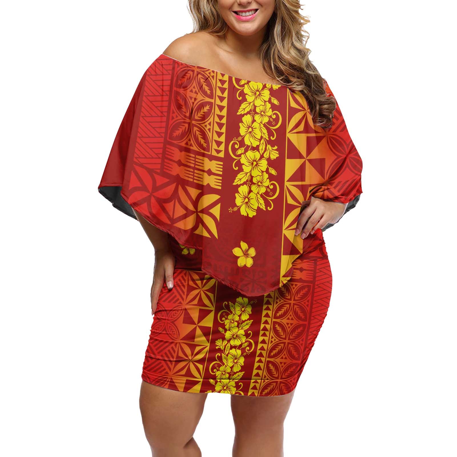 Samoa Tapa Pacific Tribal Pattern Off Shoulder Short Dress Hibiscus and Plumeria