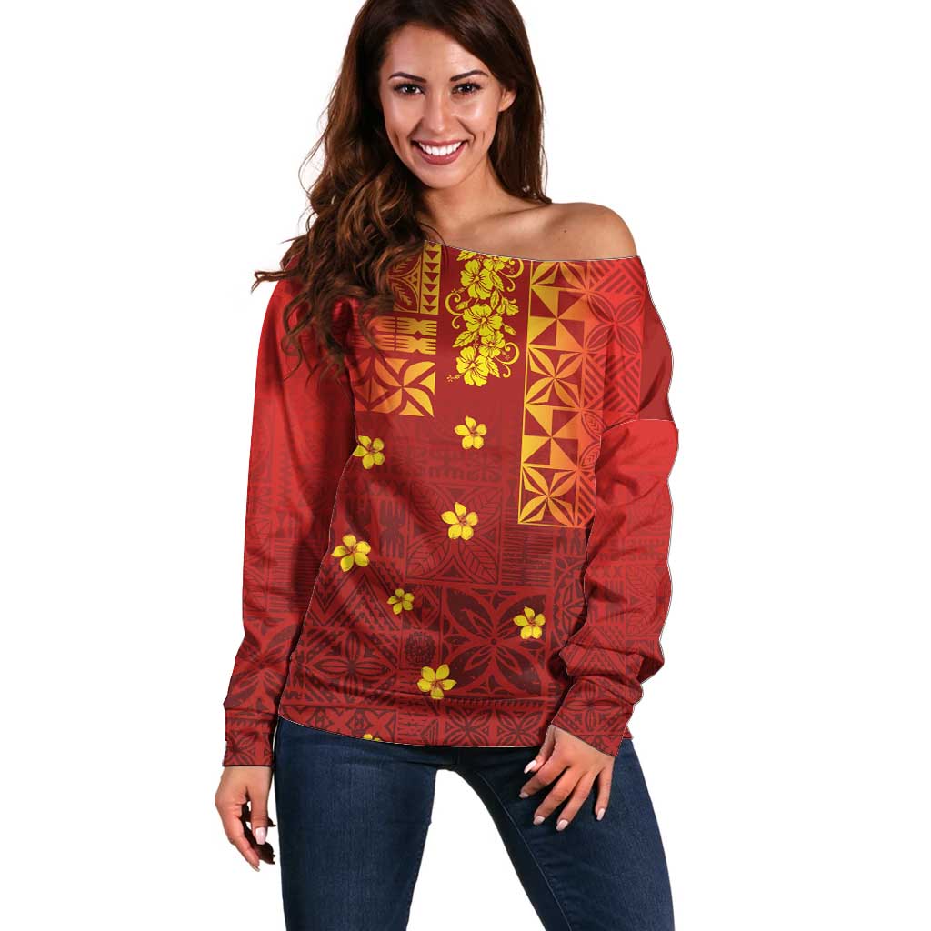 Samoa Tapa Pacific Tribal Pattern Off Shoulder Sweater Hibiscus and Plumeria