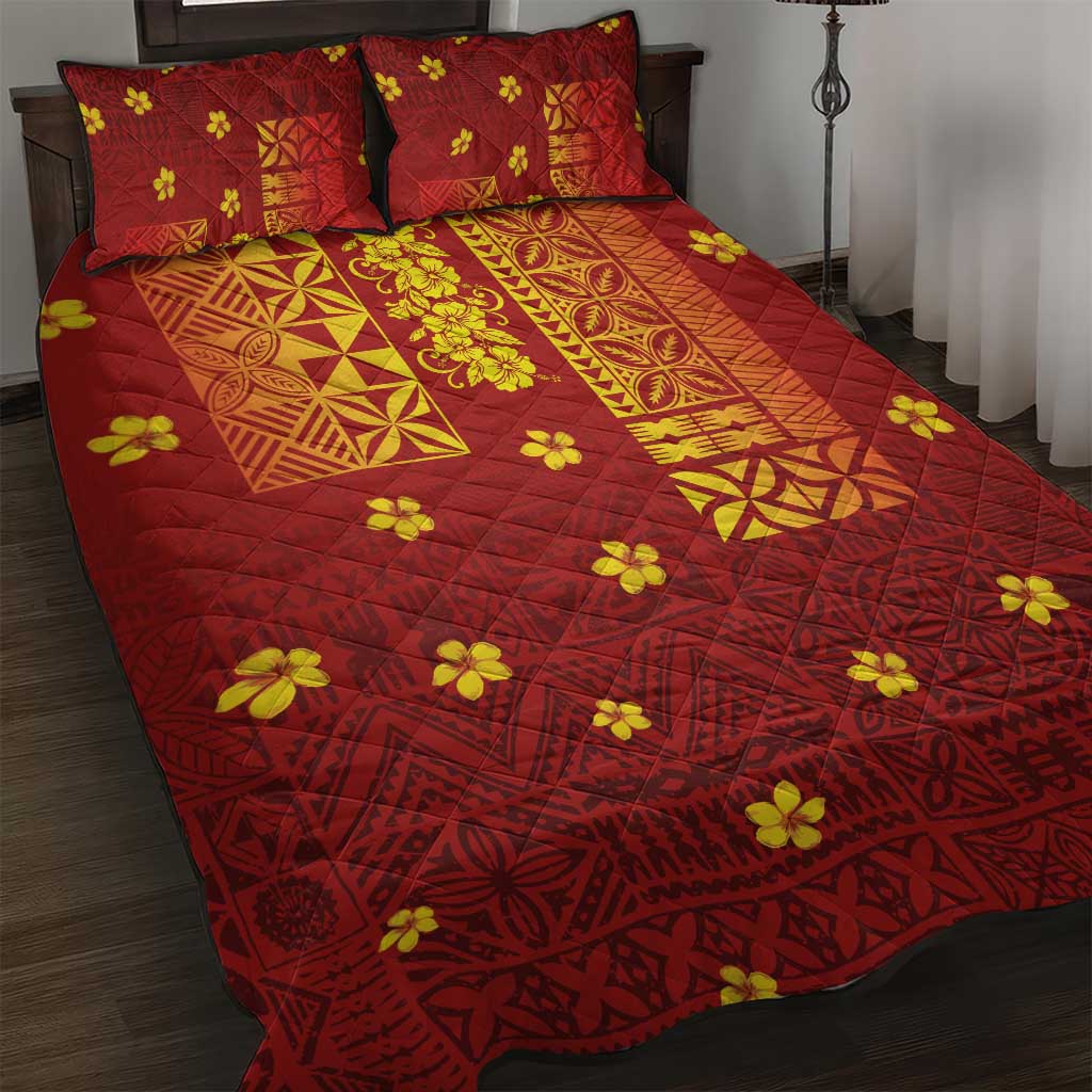 Samoa Tapa Pacific Tribal Pattern Quilt Bed Set Hibiscus and Plumeria