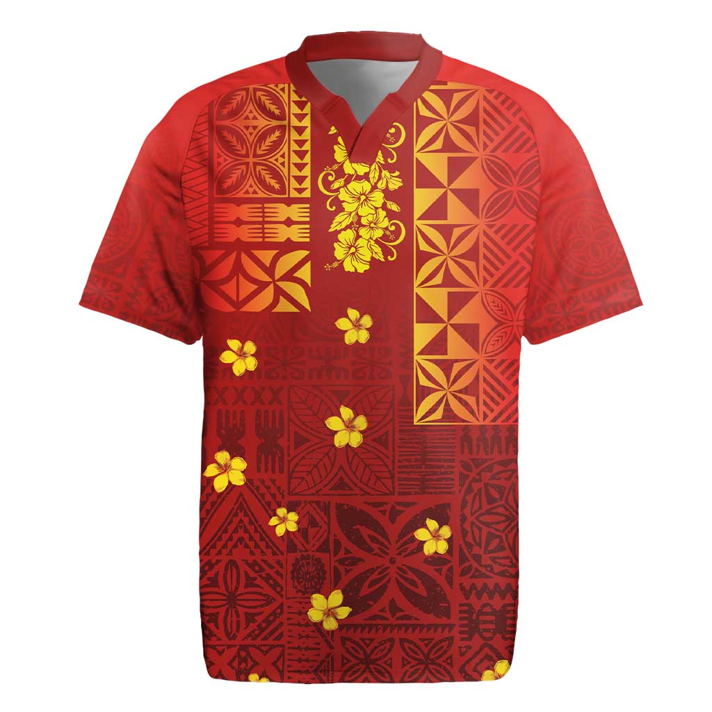 Samoa Tapa Pacific Tribal Pattern Rugby Jersey Hibiscus and Plumeria