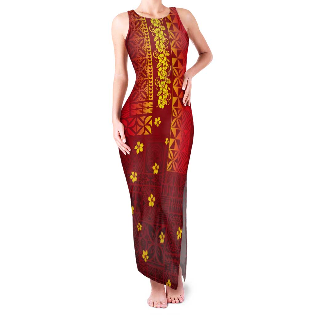 Samoa Tapa Pacific Tribal Pattern Tank Maxi Dress Hibiscus and Plumeria