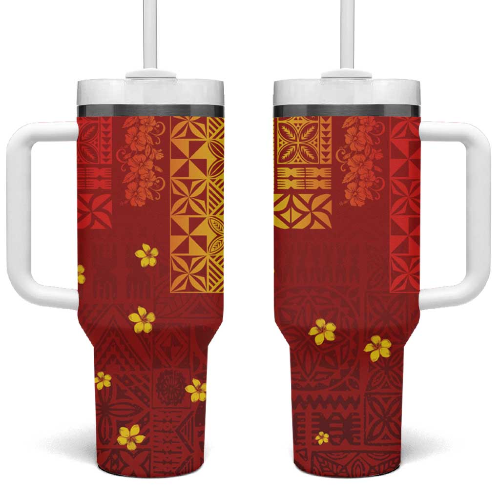 Samoa Tapa Pacific Tribal Pattern Tumbler With Handle Hibiscus and Plumeria