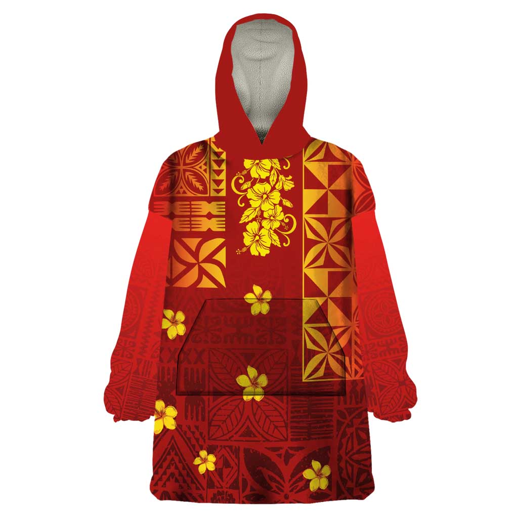 Samoa Tapa Pacific Tribal Pattern Wearable Blanket Hoodie Hibiscus and Plumeria