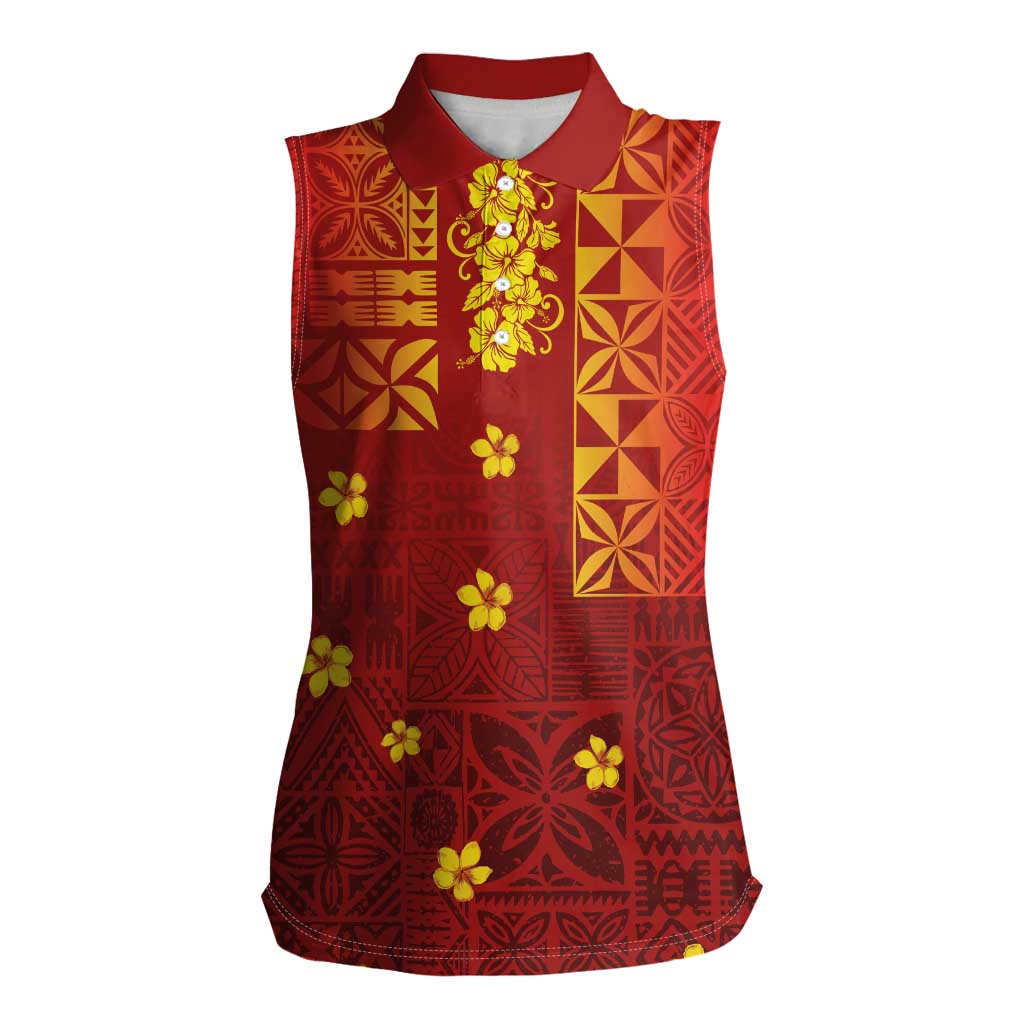 Samoa Tapa Pacific Tribal Pattern Women Sleeveless Polo Shirt Hibiscus and Plumeria