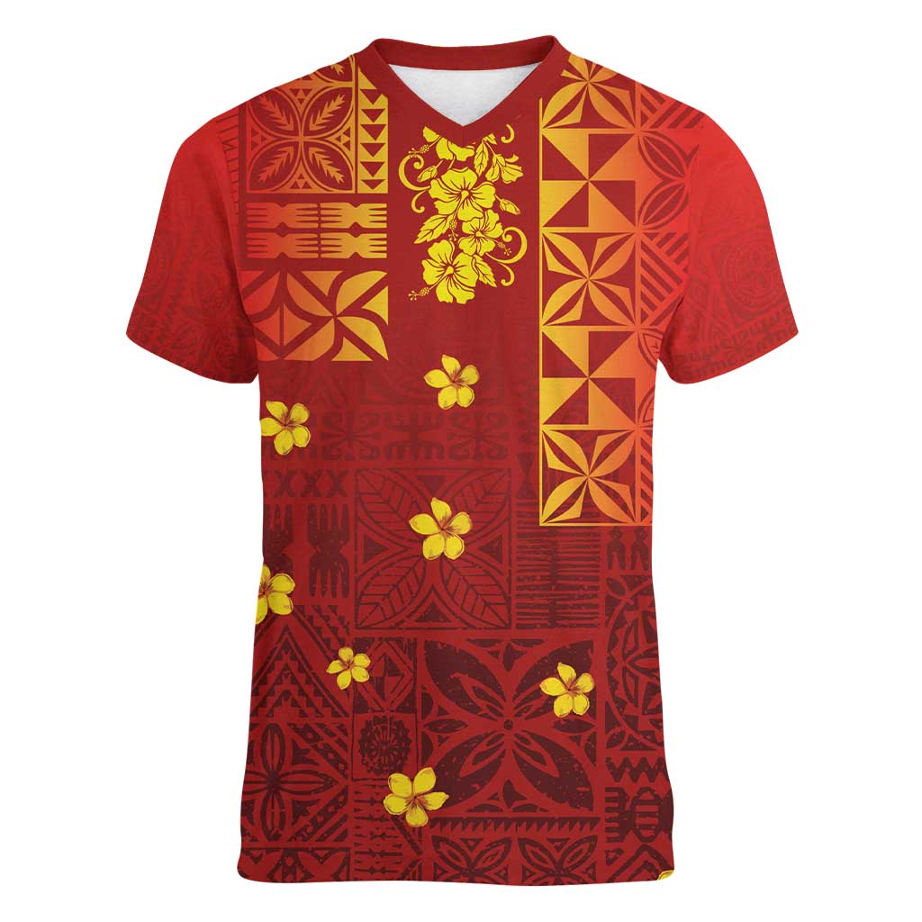 Samoa Tapa Pacific Tribal Pattern Women V-Neck T-Shirt Hibiscus and Plumeria