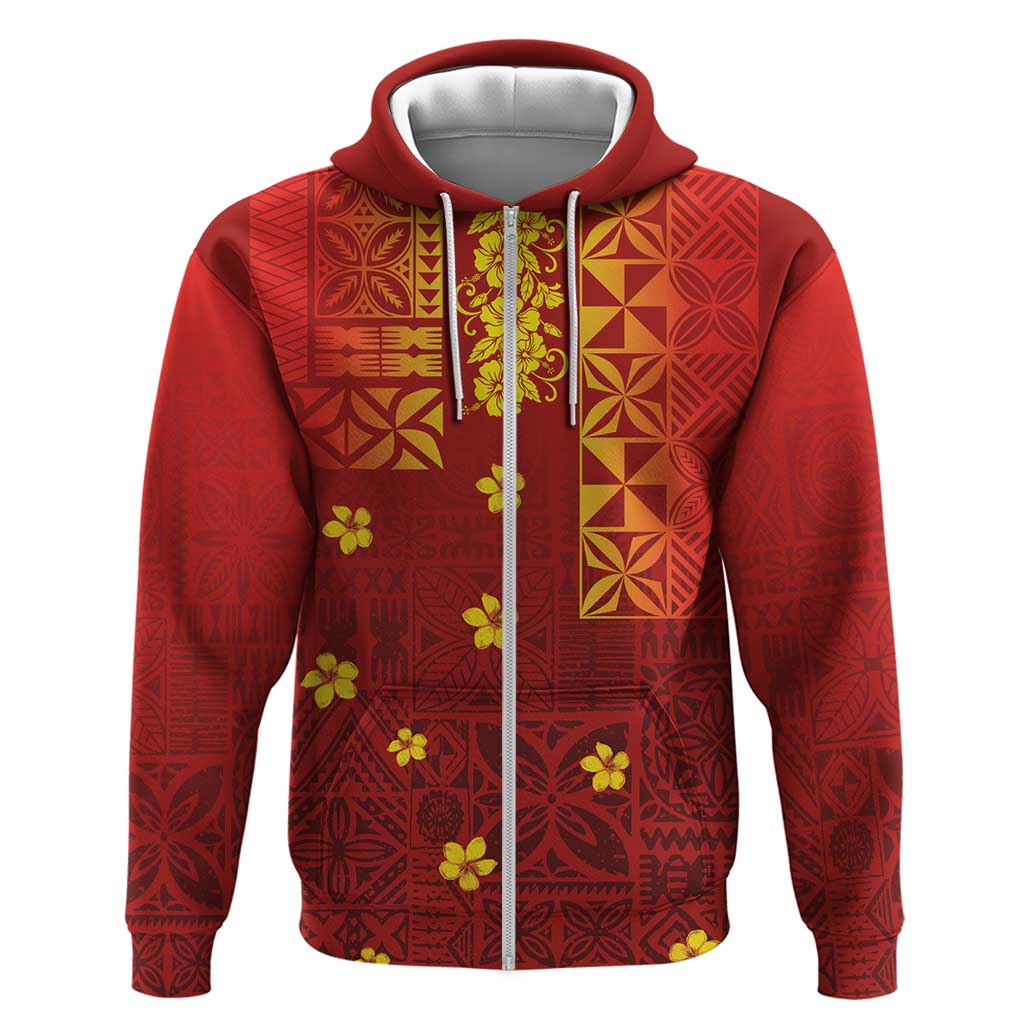 Samoa Tapa Pacific Tribal Pattern Zip Hoodie Hibiscus and Plumeria