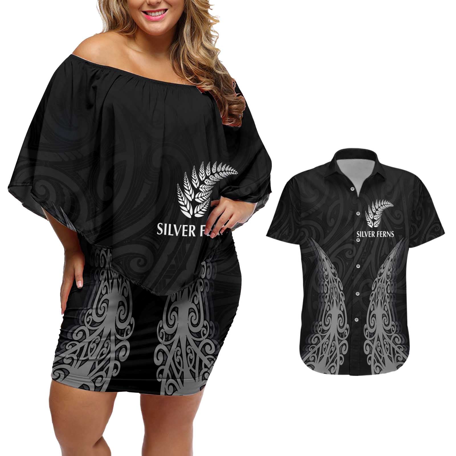 New Zealand Netball Couples Matching Off Shoulder Short Dress and Hawaiian Shirt Koru and Maori Tattoo Jersey