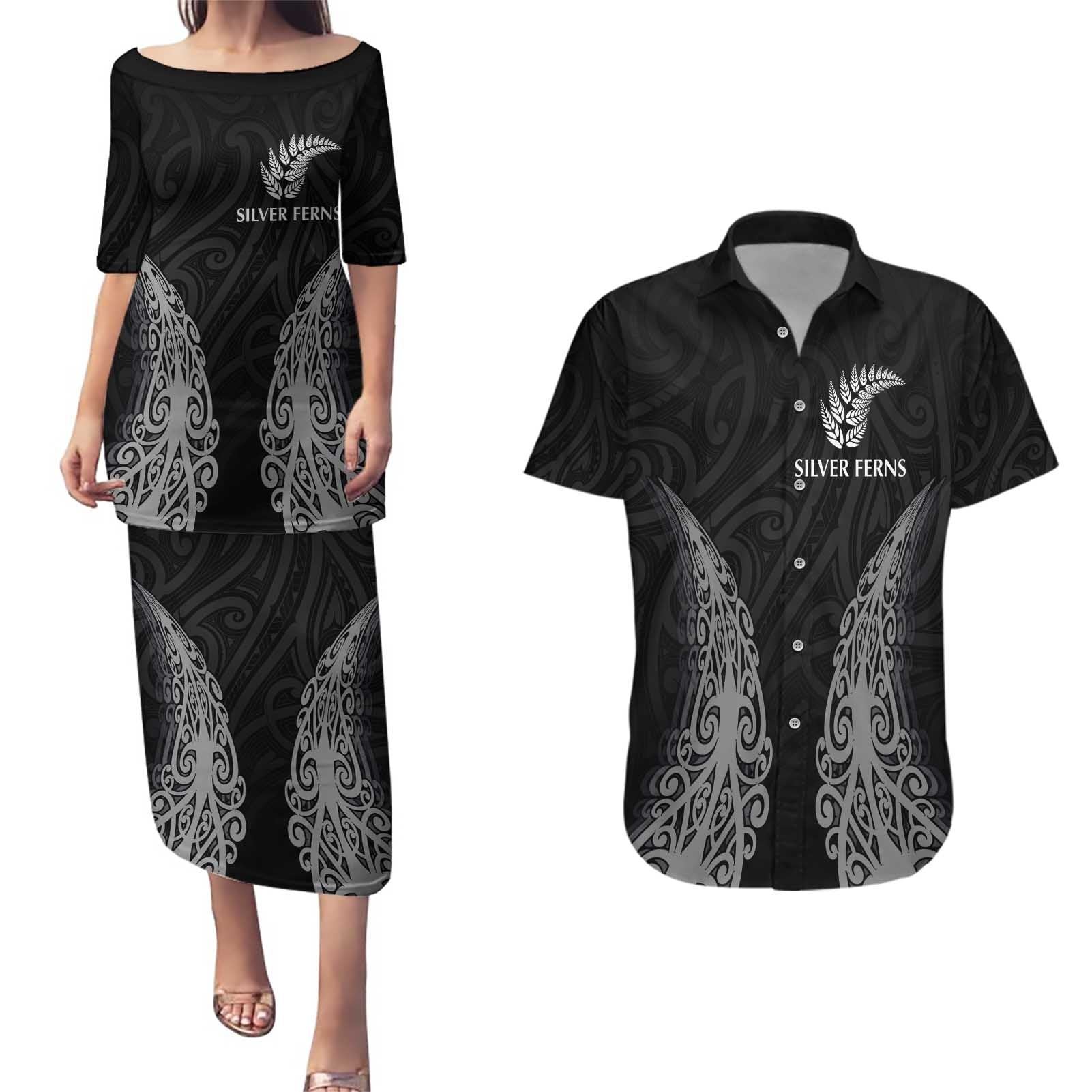 New Zealand Netball Couples Matching Puletasi and Hawaiian Shirt Koru and Maori Tattoo Jersey