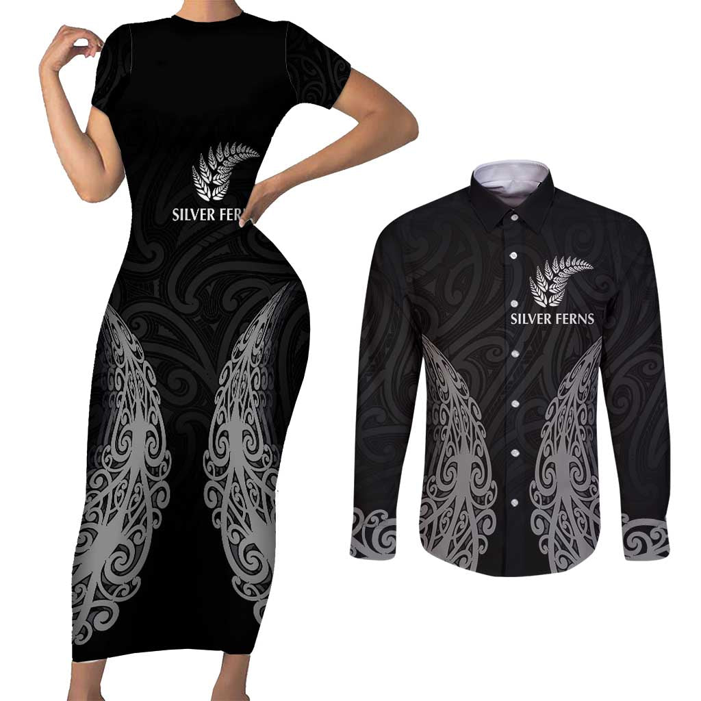 New Zealand Netball Couples Matching Short Sleeve Bodycon Dress and Long Sleeve Button Shirt Koru and Maori Tattoo Jersey