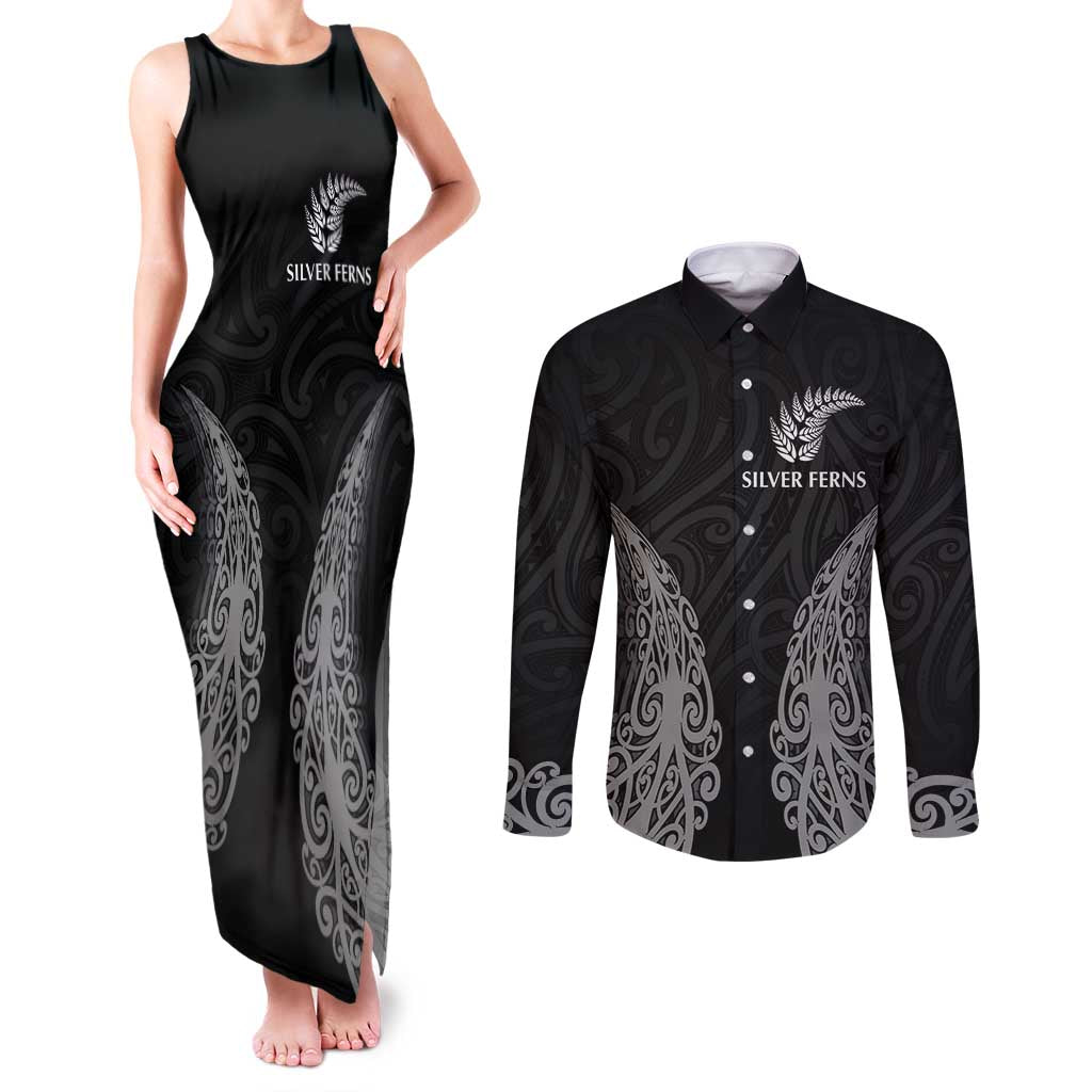 New Zealand Netball Couples Matching Tank Maxi Dress and Long Sleeve Button Shirt Koru and Maori Tattoo Jersey