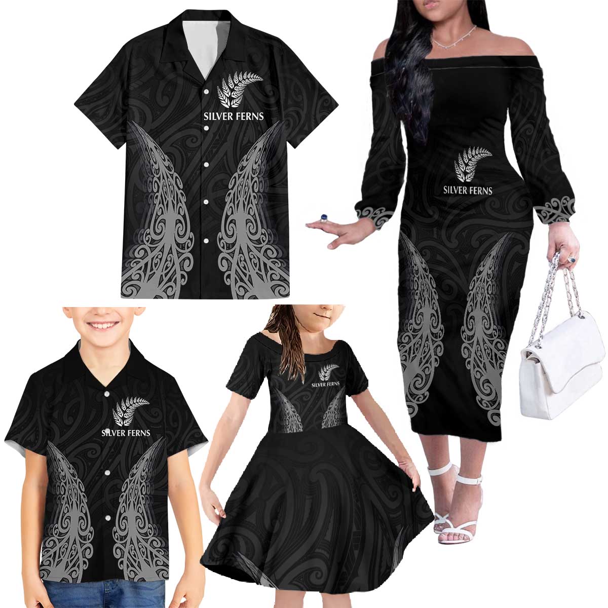 New Zealand Netball Family Matching Off The Shoulder Long Sleeve Dress and Hawaiian Shirt Koru and Maori Tattoo Jersey