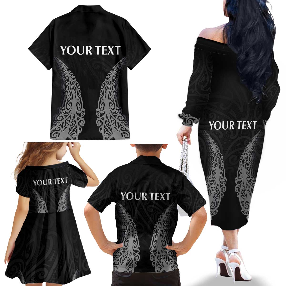 New Zealand Netball Family Matching Off The Shoulder Long Sleeve Dress and Hawaiian Shirt Koru and Maori Tattoo Jersey