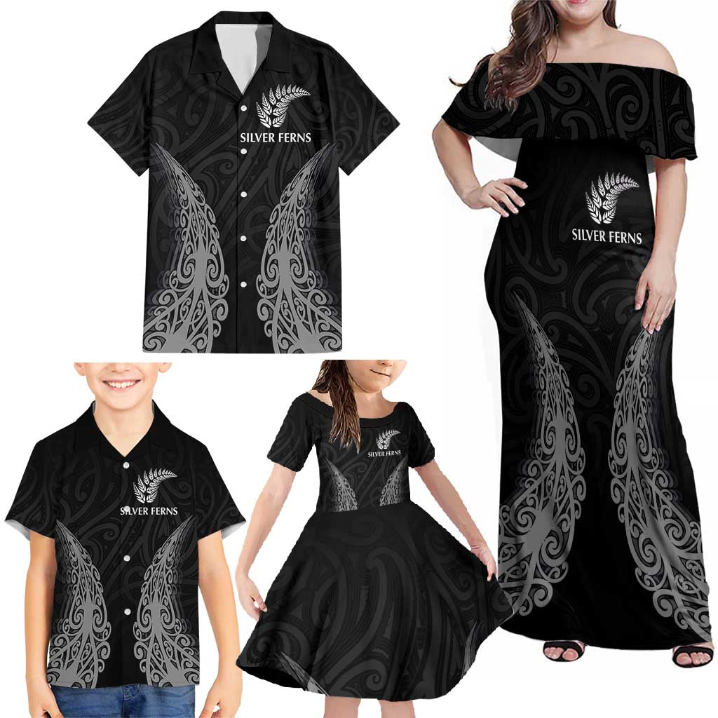 New Zealand Netball Family Matching Off Shoulder Maxi Dress and Hawaiian Shirt Koru and Maori Tattoo Jersey