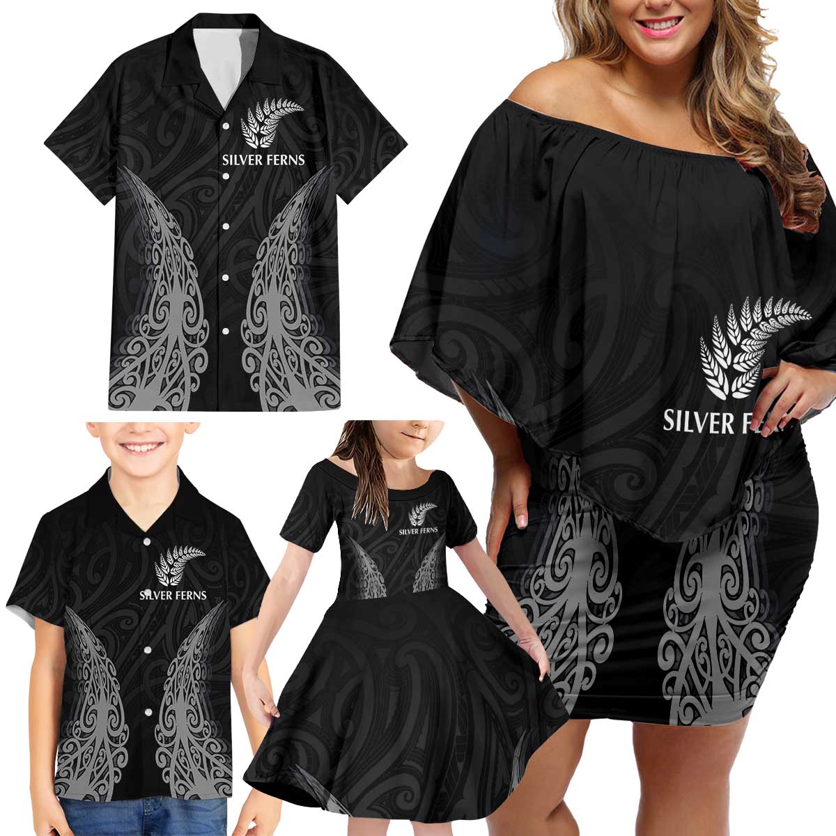 New Zealand Netball Family Matching Off Shoulder Short Dress and Hawaiian Shirt Koru and Maori Tattoo Jersey