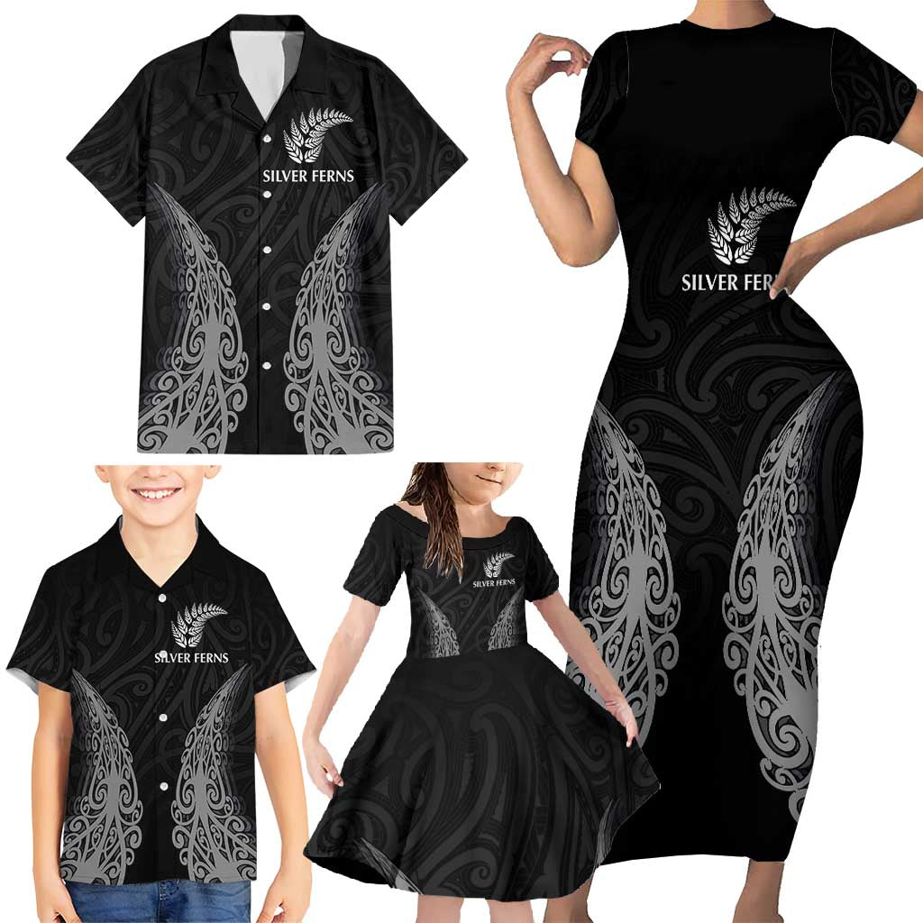 New Zealand Netball Family Matching Short Sleeve Bodycon Dress and Hawaiian Shirt Koru and Maori Tattoo Jersey