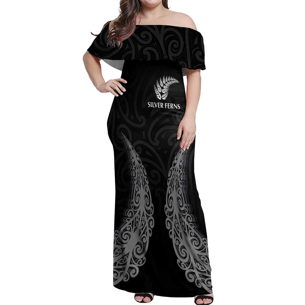 New Zealand Netball Off Shoulder Maxi Dress Koru and Maori Tattoo Jersey LT03 Women Black - Polynesian Pride