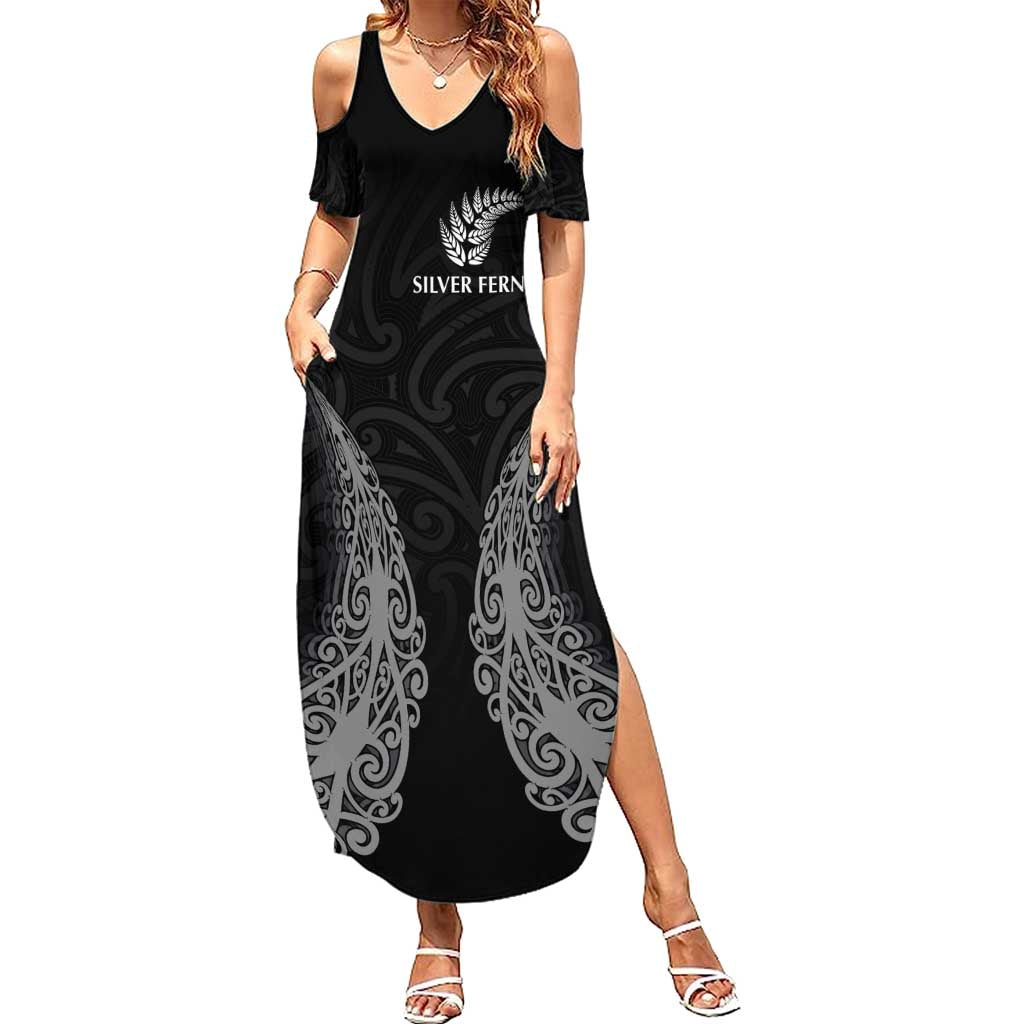 New Zealand Netball Summer Maxi Dress Koru and Maori Tattoo Jersey LT03 Women Black - Polynesian Pride