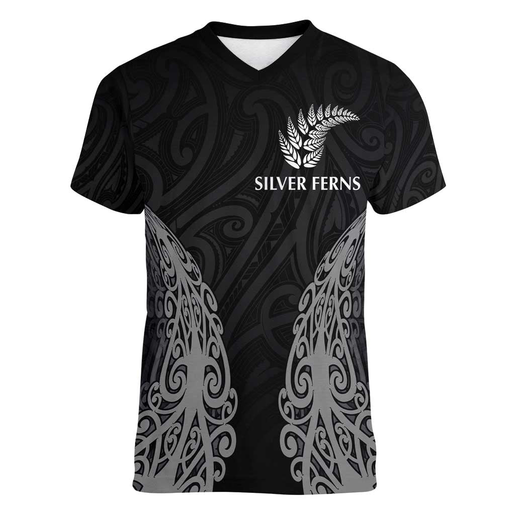 New Zealand Netball Women V-Neck T-Shirt Koru and Maori Tattoo Jersey