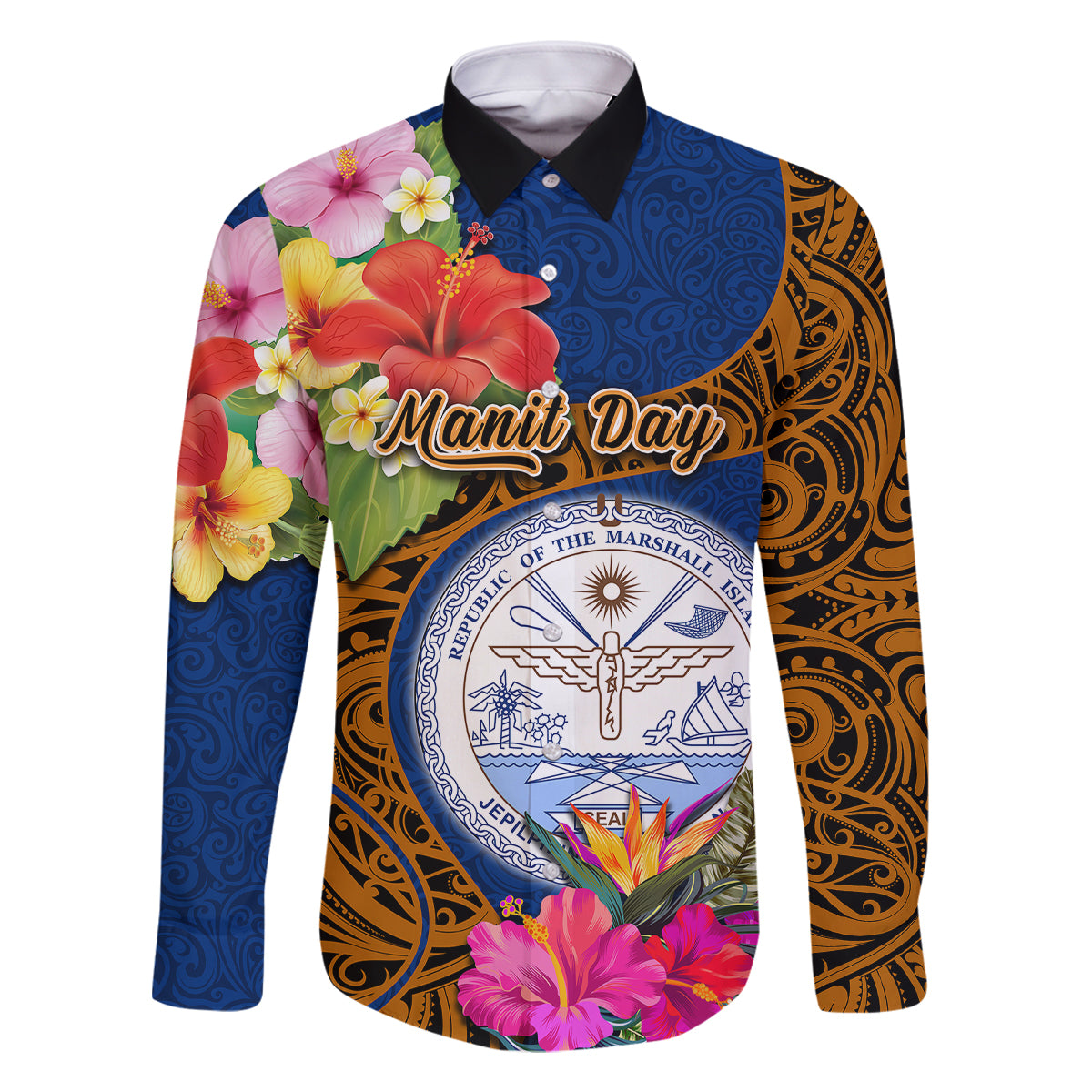 personalised-marshall-islands-manit-day-family-matching-long-sleeve-bodycon-dress-and-hawaiian-shirt-marshall-seal-mix-hibiscus-flower-maori-pattern-style