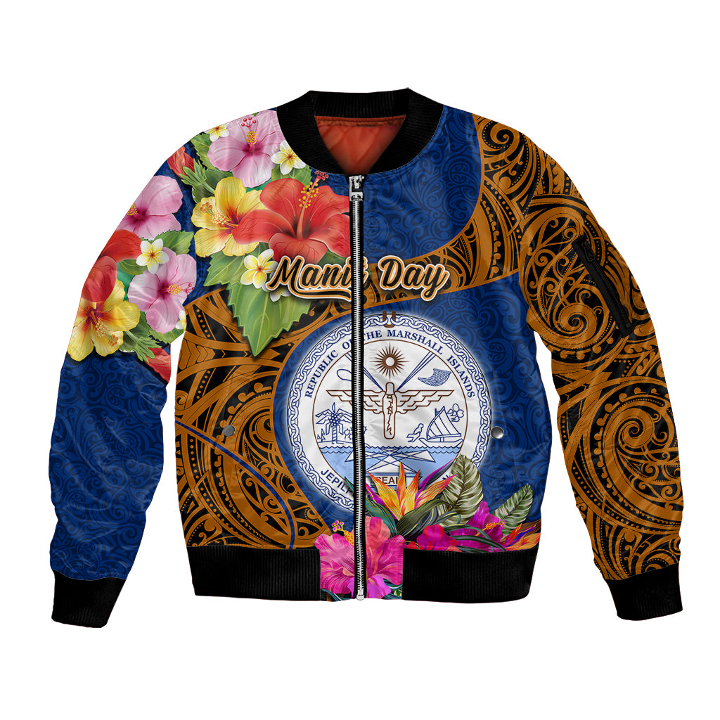 personalised-marshall-islands-manit-day-sleeve-zip-bomber-jacket-marshall-seal-mix-hibiscus-flower-maori-pattern-style