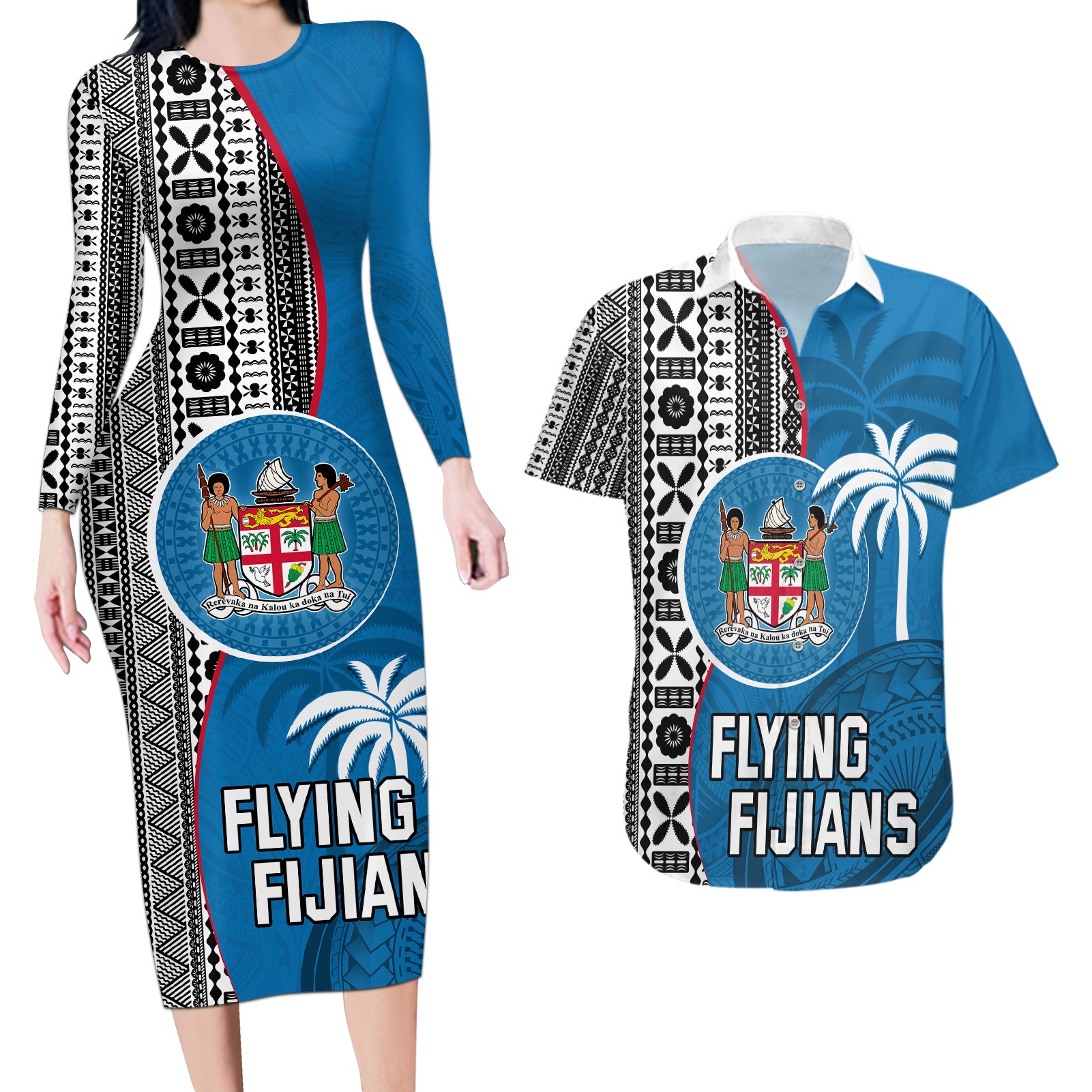 fiji-rugby-couples-matching-long-sleeve-bodycon-dress-and-hawaiian-shirt-coat-of-arms-palm-tree-mix-polynesia-tapa-pattern