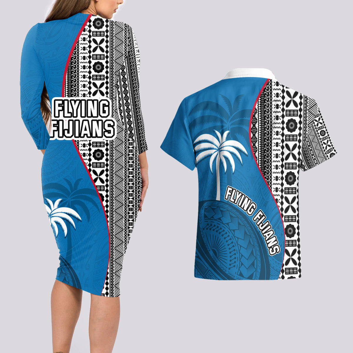 fiji-rugby-couples-matching-long-sleeve-bodycon-dress-and-hawaiian-shirt-coat-of-arms-palm-tree-mix-polynesia-tapa-pattern