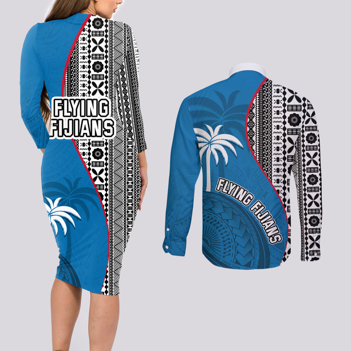 fiji-rugby-couples-matching-long-sleeve-bodycon-dress-and-long-sleeve-button-shirts-coat-of-arms-palm-tree-mix-polynesia-tapa-pattern