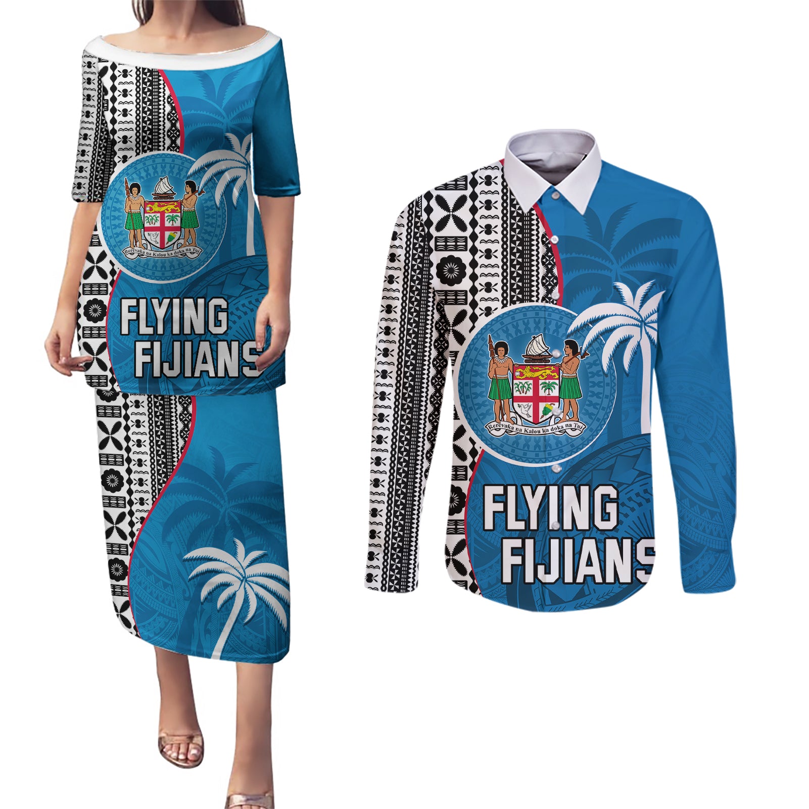 fiji-rugby-couples-matching-puletasi-dress-and-long-sleeve-button-shirts-coat-of-arms-palm-tree-mix-polynesia-tapa-pattern