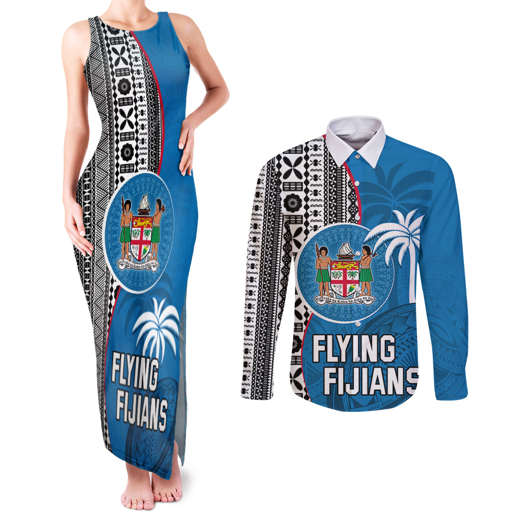 fiji-rugby-couples-matching-tank-maxi-dress-and-long-sleeve-button-shirts-coat-of-arms-palm-tree-mix-polynesia-tapa-pattern