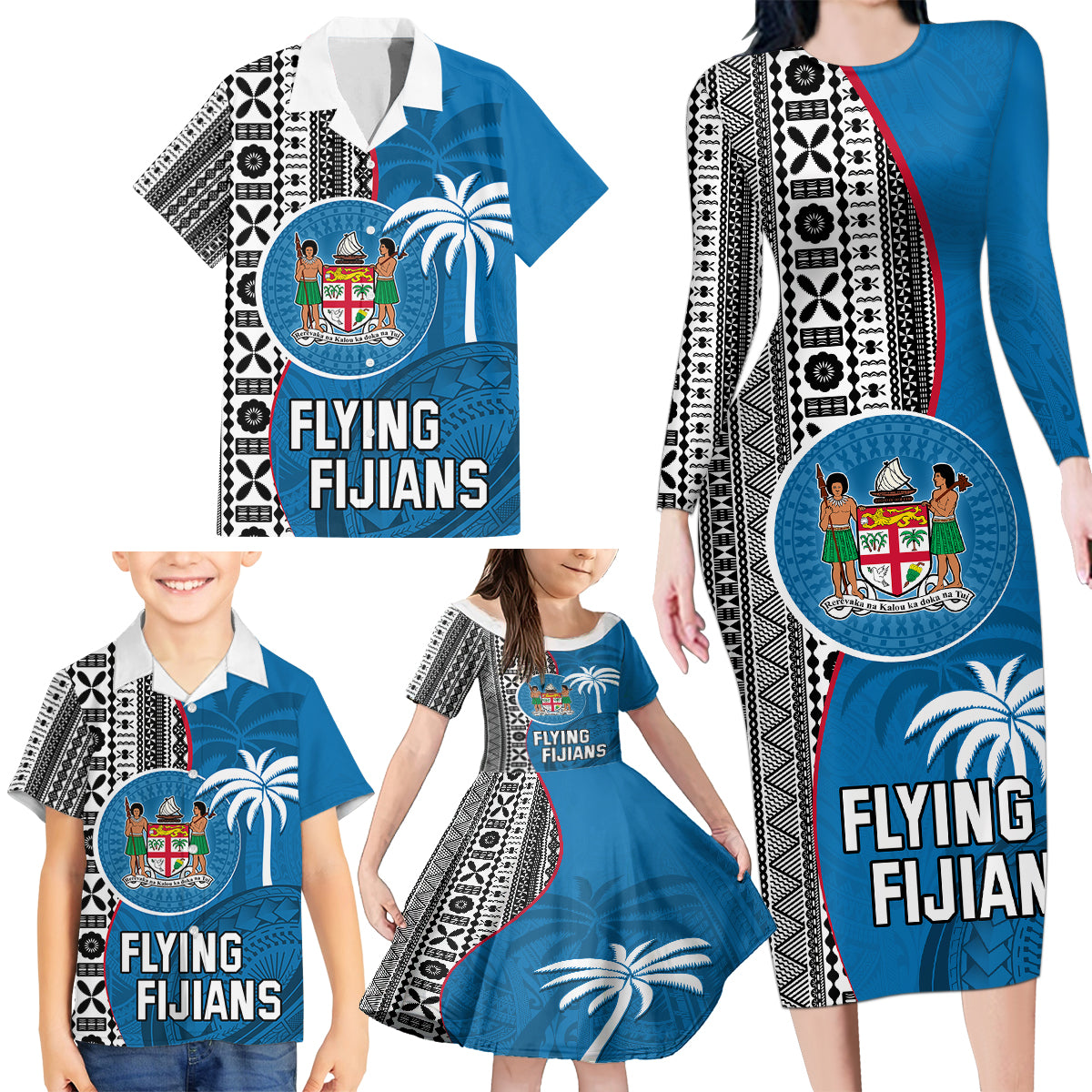 fiji-rugby-family-matching-long-sleeve-bodycon-dress-and-hawaiian-shirt-coat-of-arms-palm-tree-mix-polynesia-tapa-pattern