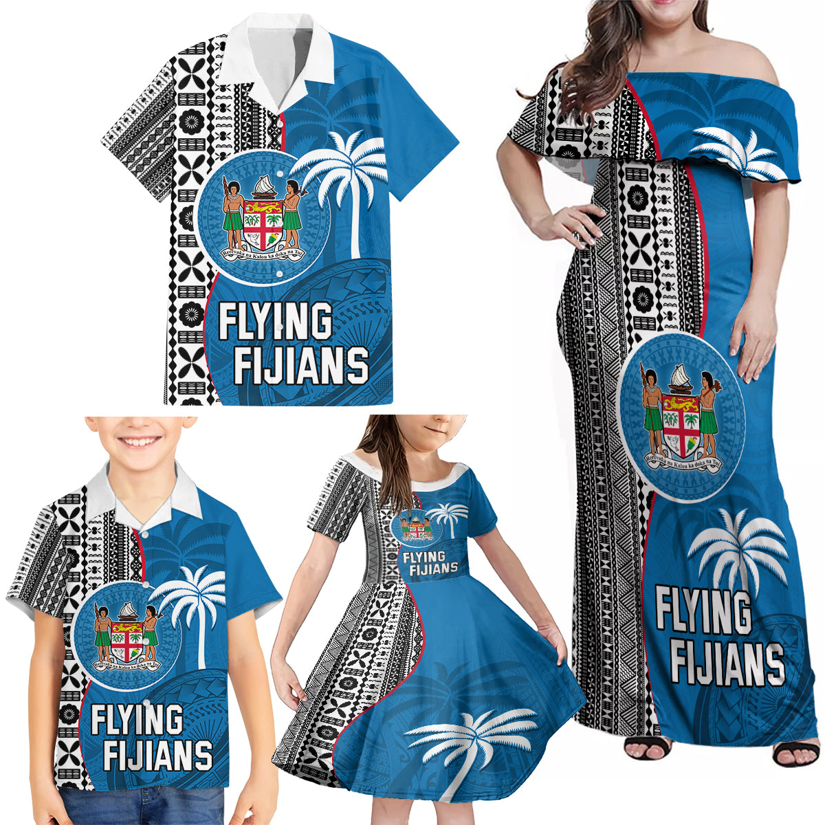 fiji-rugby-family-matching-off-shoulder-maxi-dress-and-hawaiian-shirt-coat-of-arms-palm-tree-mix-polynesia-tapa-pattern