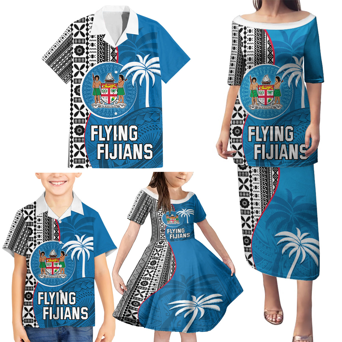 Fiji Rugby Family Matching Puletasi Dress and Hawaiian Shirt Coat of Arms Palm Tree Mix Polynesia Tapa Pattern LT03 - Polynesian Pride