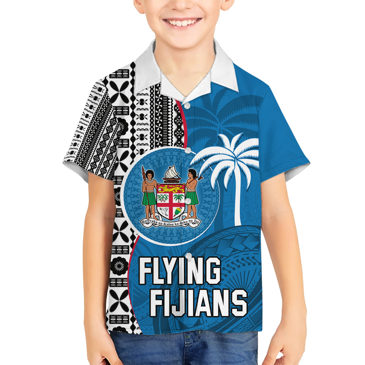 Fiji Rugby Kid Hawaiian Shirt Coat of Arms Palm Tree Mix Polynesia Tapa Pattern LT03 Kid Blue - Polynesian Pride