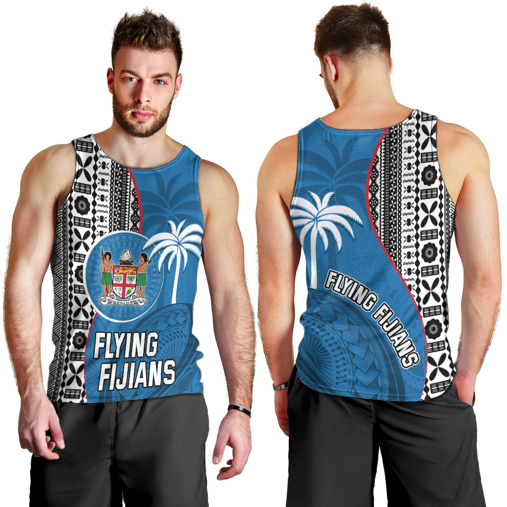 Fiji Rugby Men Tank Top Coat of Arms Palm Tree Mix Polynesia Tapa Pattern LT03 - Polynesian Pride