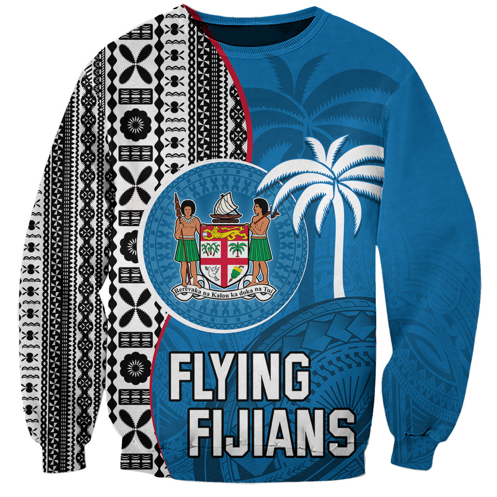 Fiji Rugby Sweatshirt Coat of Arms Palm Tree Mix Polynesia Tapa Pattern LT03 Unisex Blue - Polynesian Pride