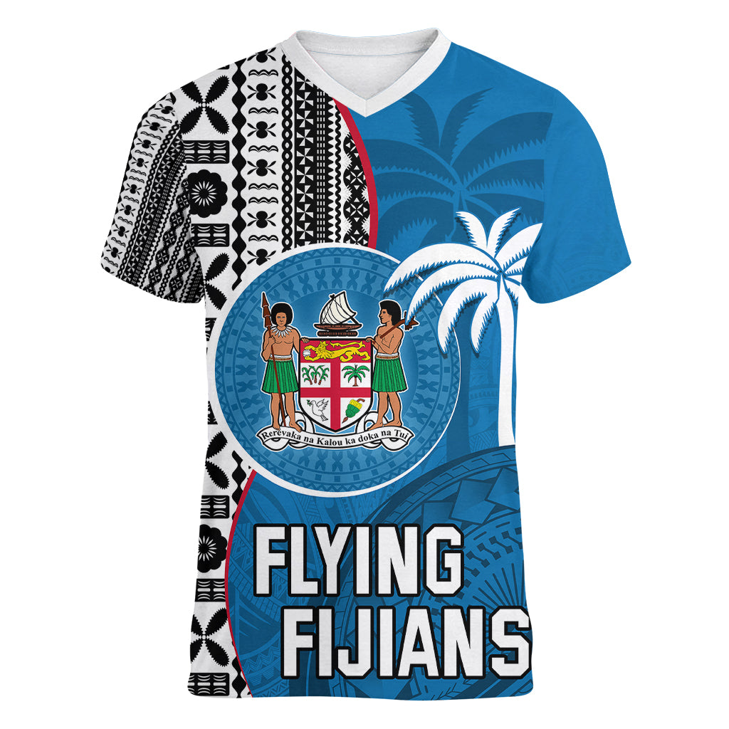 fiji-rugby-women-v-neck-t-shirt-coat-of-arms-palm-tree-mix-polynesia-tapa-pattern