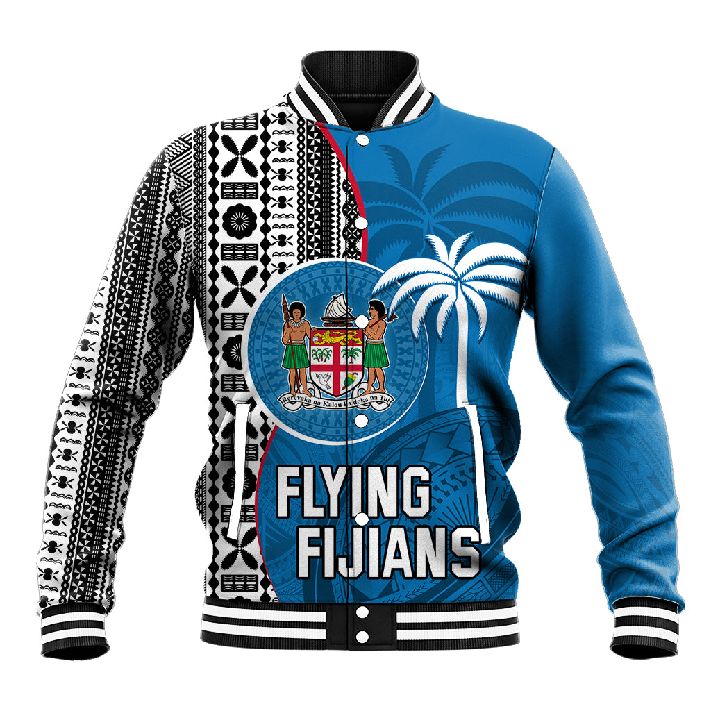 Custom Fiji Rugby Baseball Jacket Coat of Arms Palm Tree Mix Polynesia Tapa Pattern LT03 Unisex Blue - Polynesian Pride