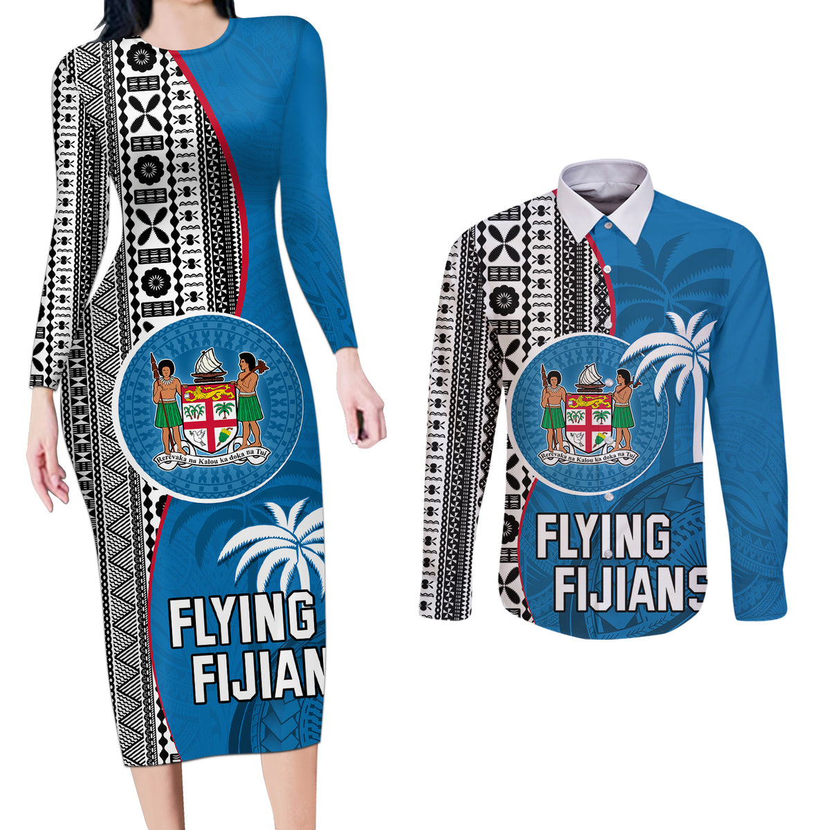 custom-fiji-rugby-couples-matching-long-sleeve-bodycon-dress-and-long-sleeve-button-shirts-coat-of-arms-palm-tree-mix-polynesia-tapa-pattern