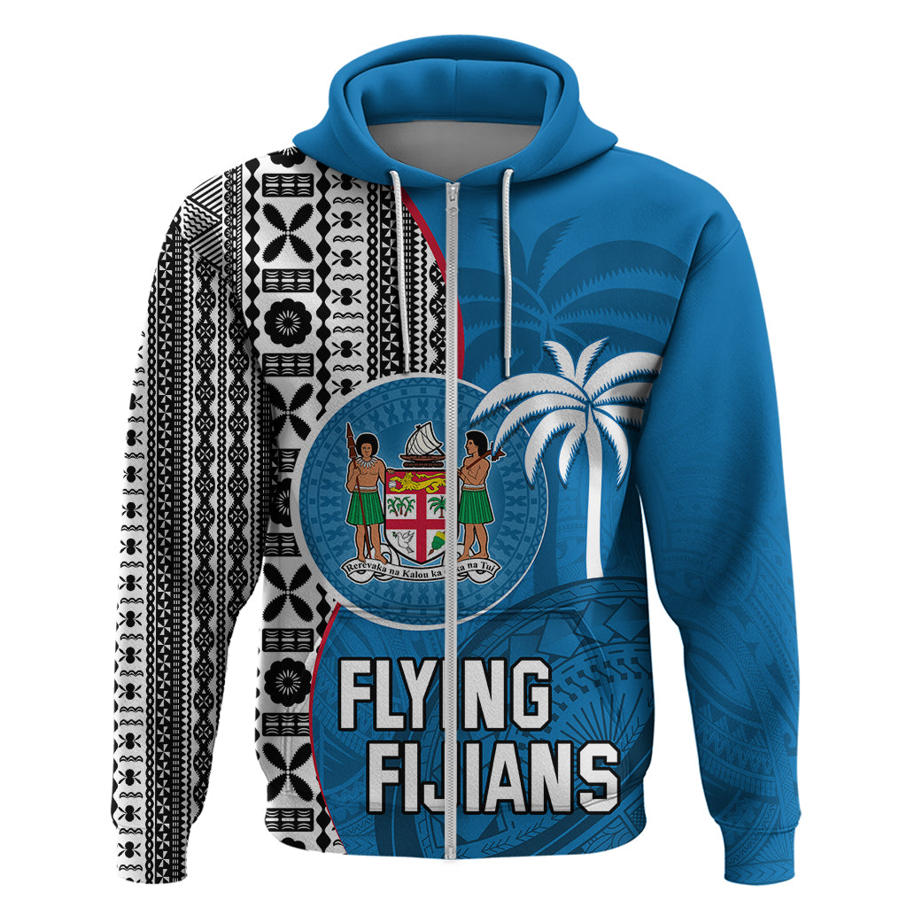 Custom Fiji Rugby Hoodie Coat of Arms Palm Tree Mix Polynesia Tapa Pattern LT03 Zip Hoodie Blue - Polynesian Pride