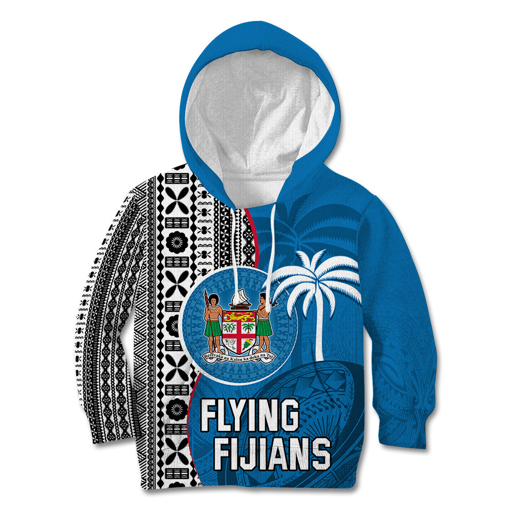 Custom Fiji Rugby Kid Hoodie Coat of Arms Palm Tree Mix Polynesia Tapa Pattern LT03 Blue - Polynesian Pride