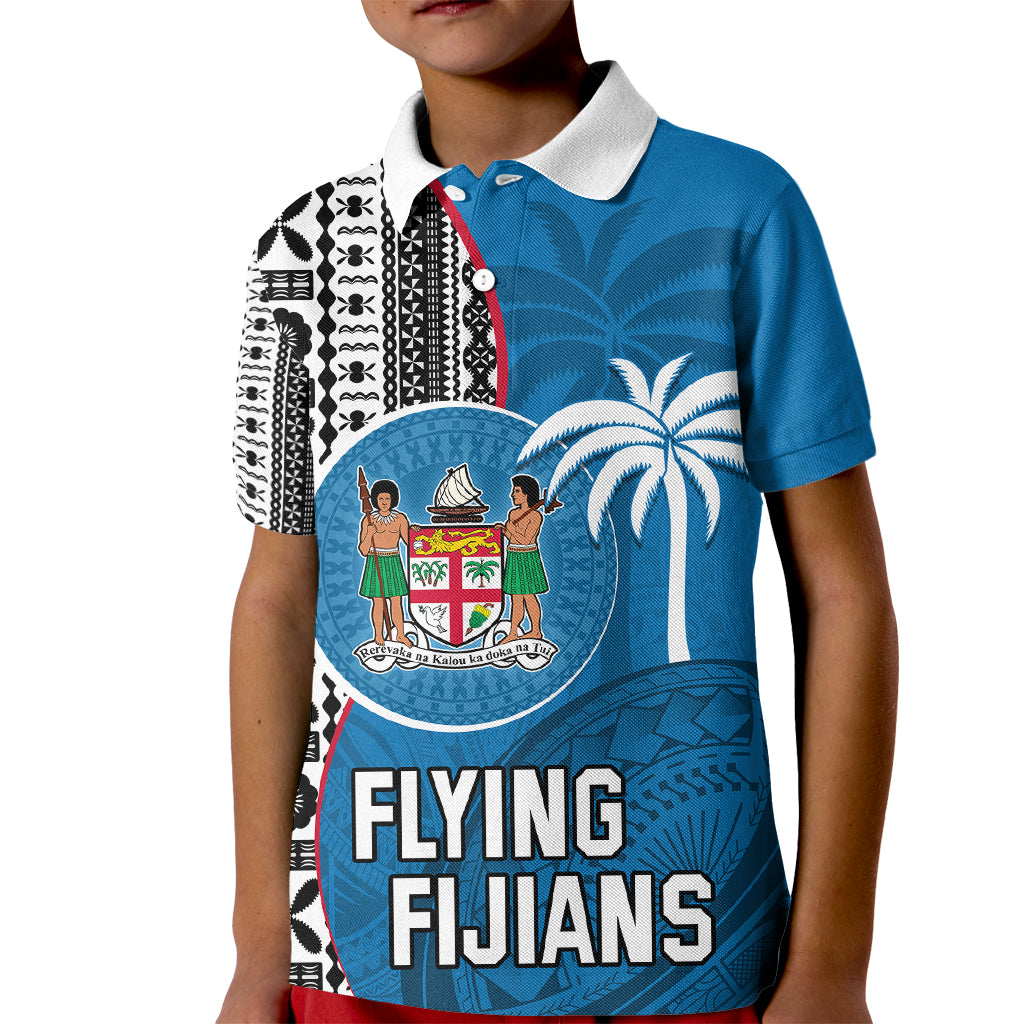 Custom Fiji Rugby Kid Polo Shirt Coat of Arms Palm Tree Mix Polynesia Tapa Pattern LT03 Kid Blue - Polynesian Pride