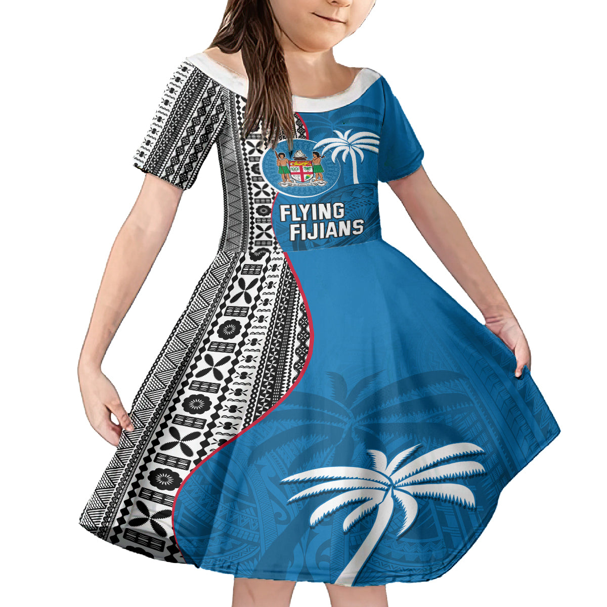 Custom Fiji Rugby Kid Short Sleeve Dress Coat of Arms Palm Tree Mix Polynesia Tapa Pattern LT03 KID Blue - Polynesian Pride