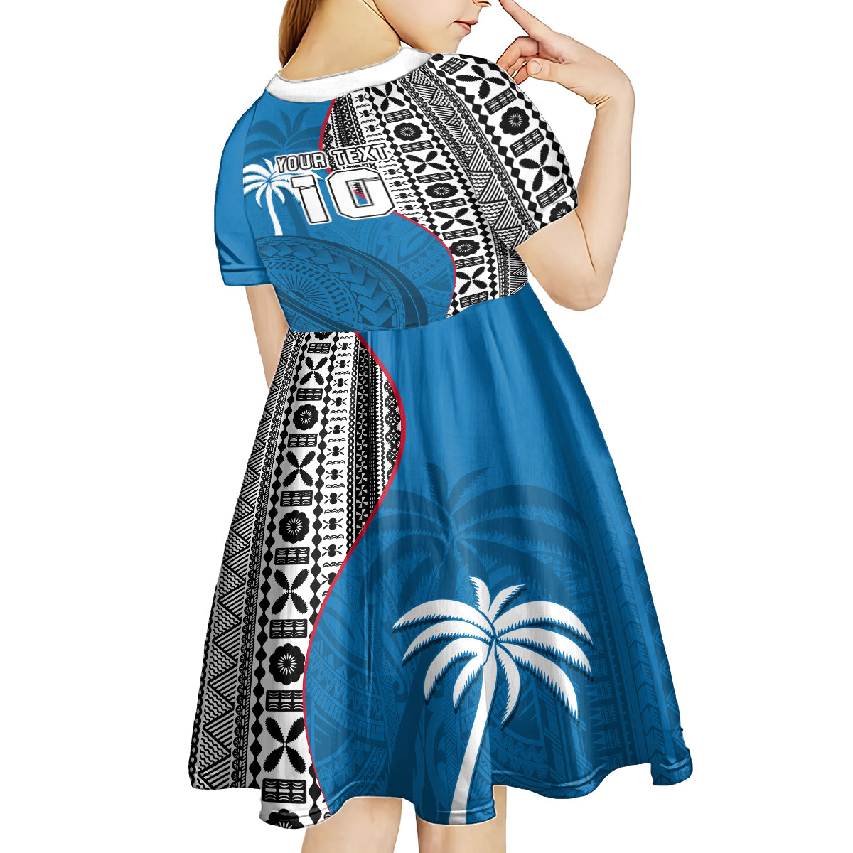 Custom Fiji Rugby Kid Short Sleeve Dress Coat of Arms Palm Tree Mix Polynesia Tapa Pattern LT03 - Polynesian Pride