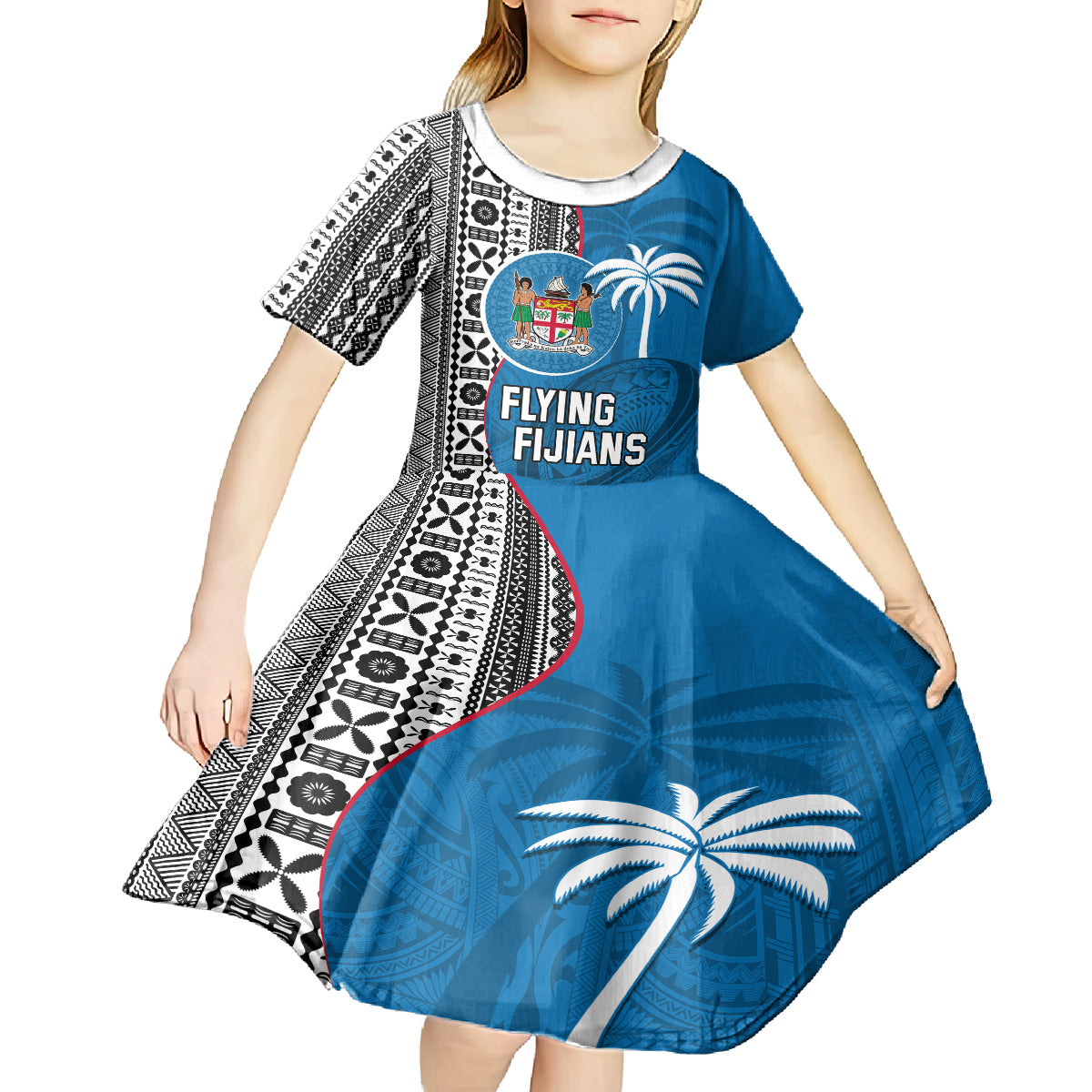 Custom Fiji Rugby Kid Short Sleeve Dress Coat of Arms Palm Tree Mix Polynesia Tapa Pattern LT03 - Polynesian Pride
